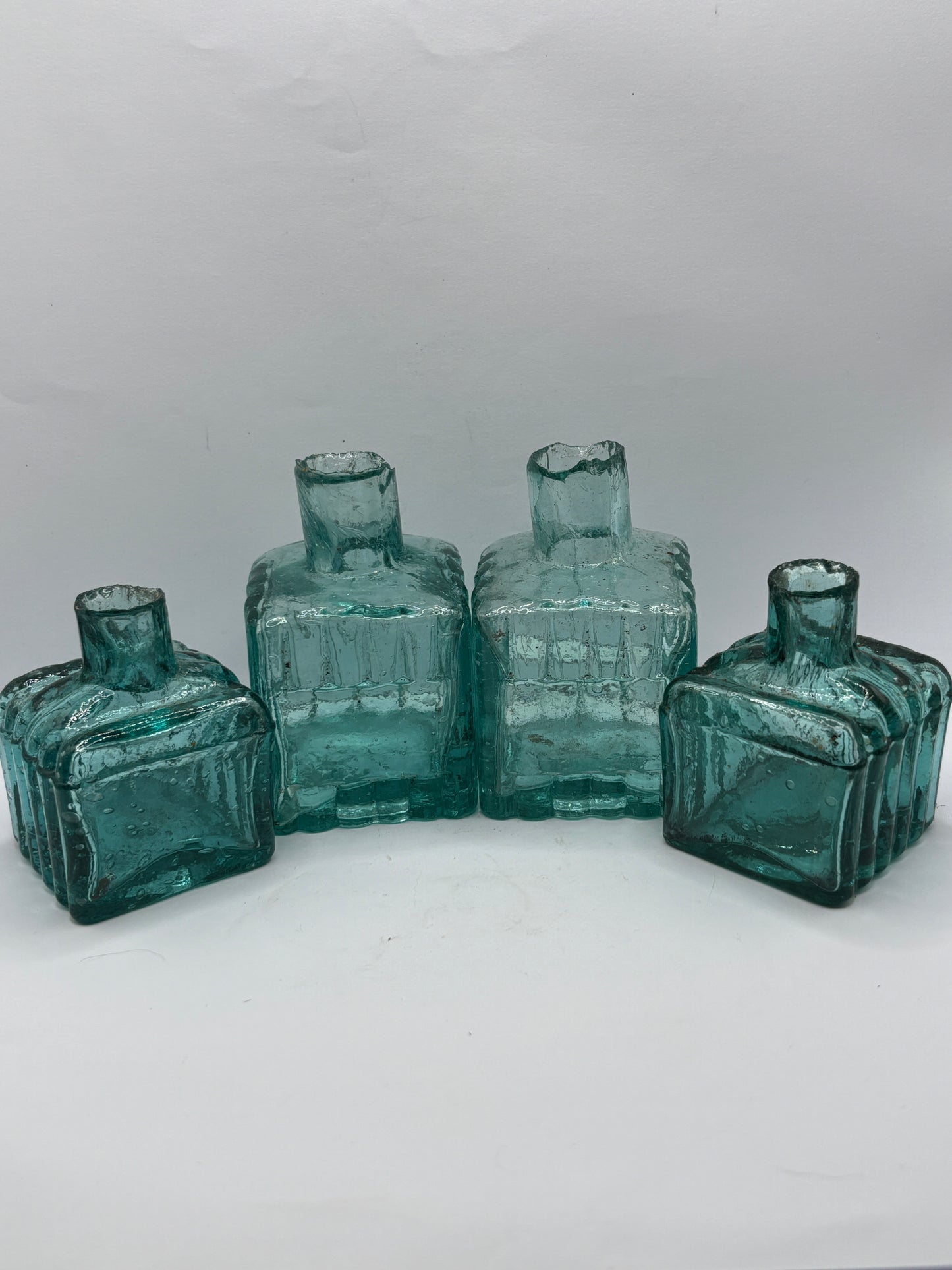 4 old aqua glass square ribbed inkwells