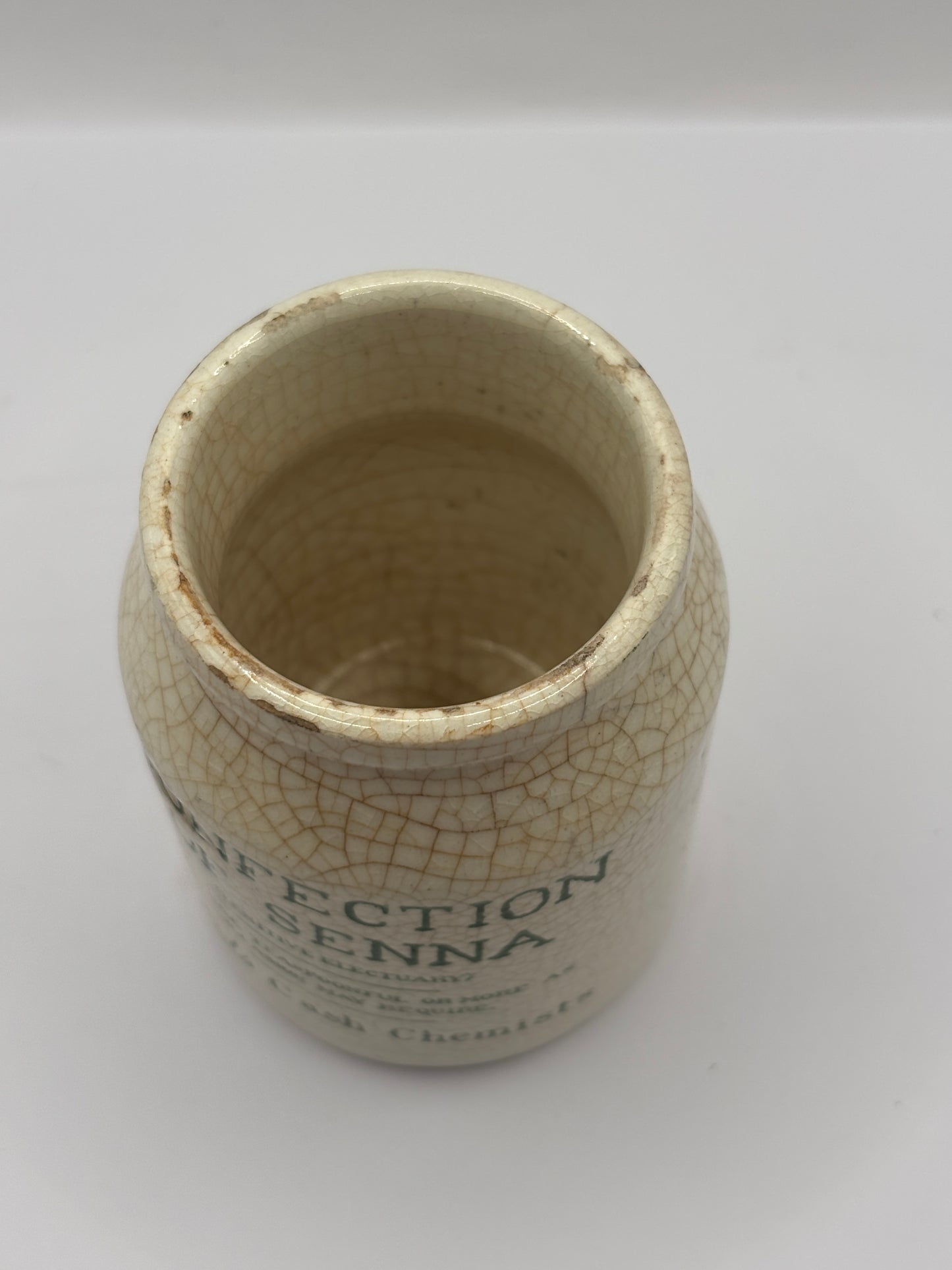 Old stoneware advertising jar, Boots confection of senna
