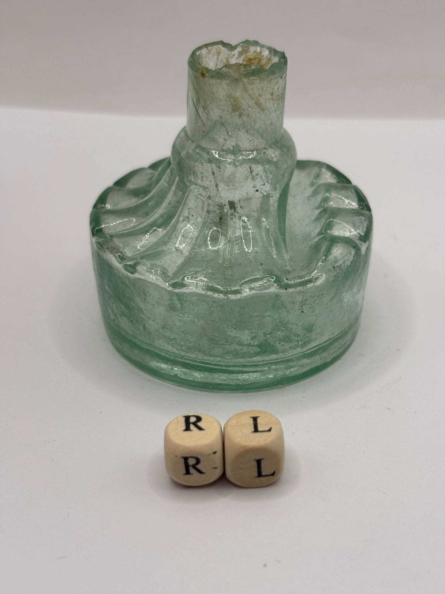 Old aqua glass tent ink, ink bottle. Inkwell (RL) diamond registration to base. Circus tent ink