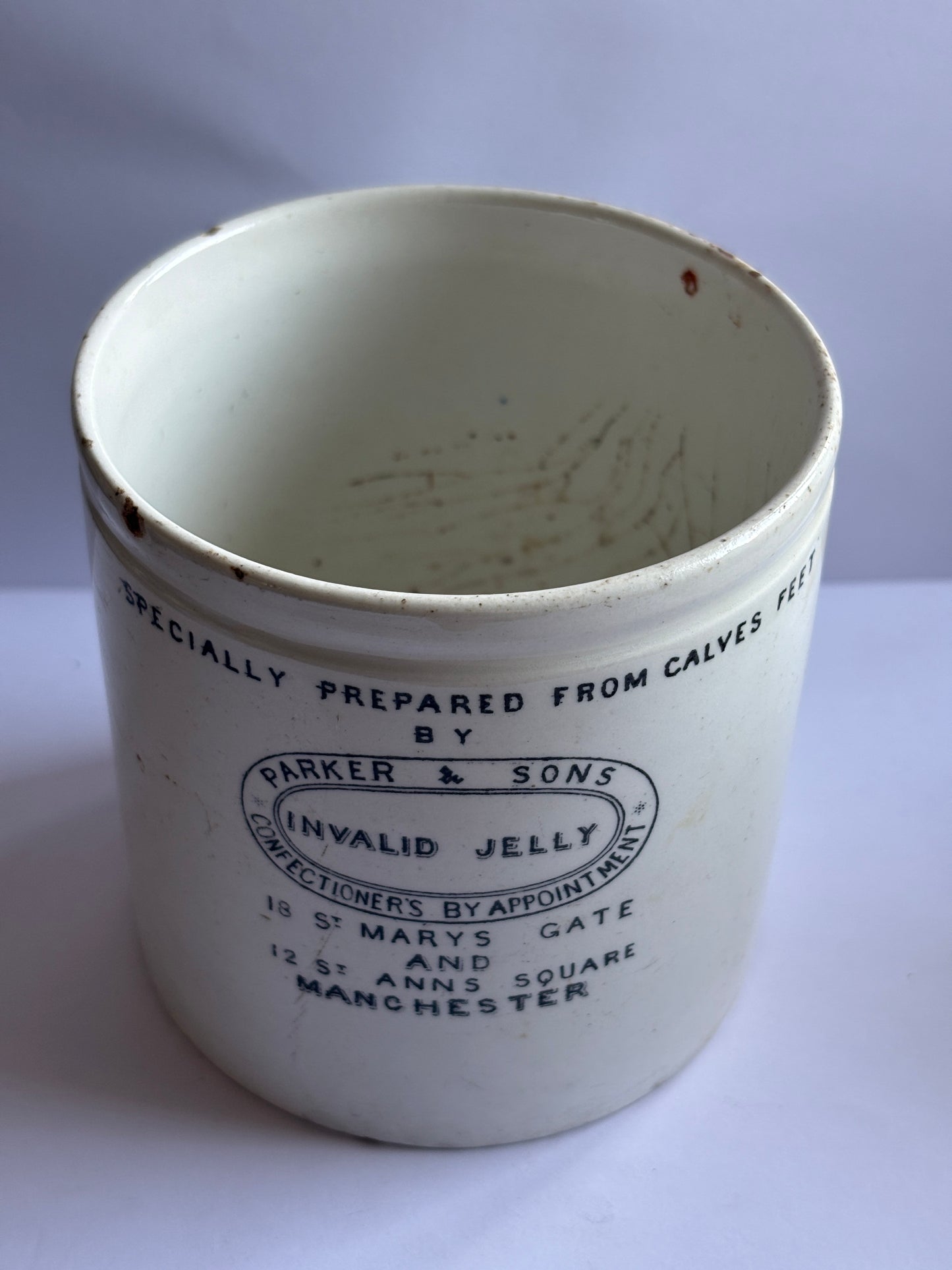 Old ironstone advertising jar, parker & sons Invalid jelly