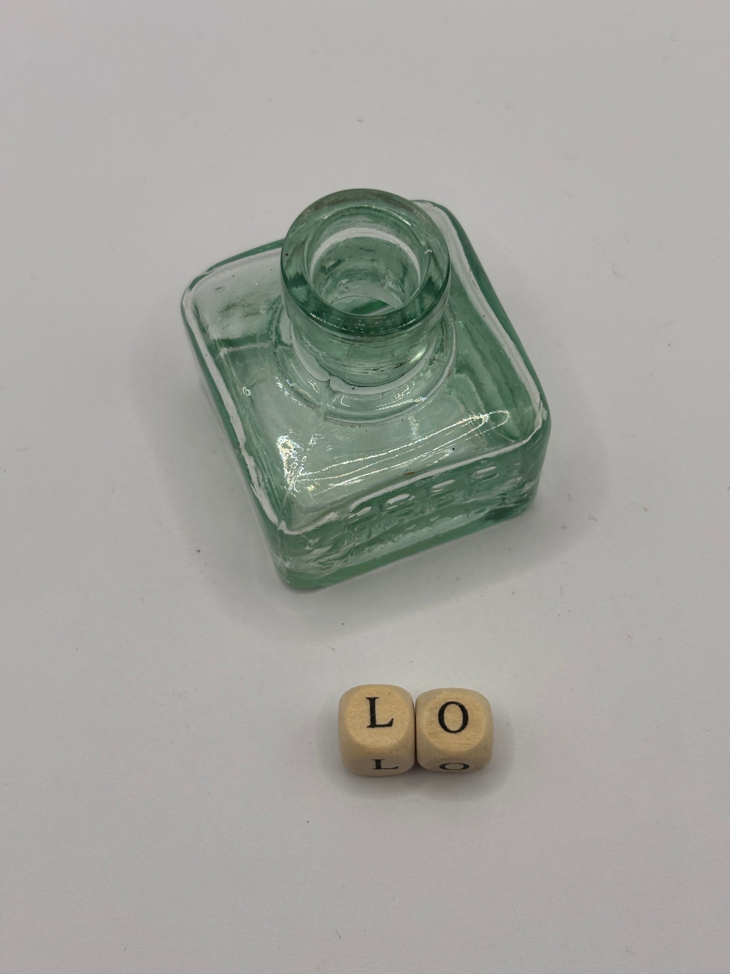 Old aqua glass inkwell, Free Sample ink (LO)
