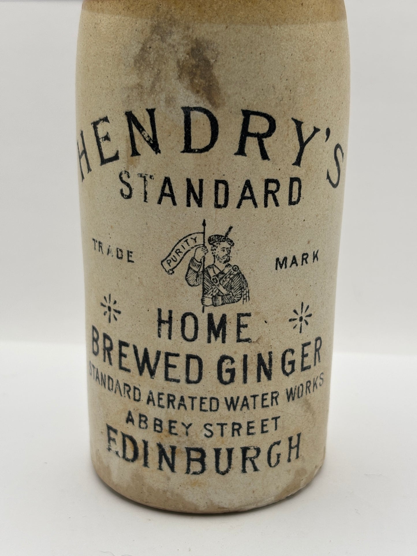 Old stoneware ginger beer bottle, Hendry’s standard home brewed ginger. Edinburgh