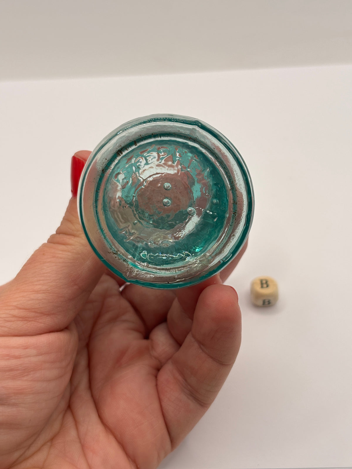 Old aqua glass inkwell, Bell ink. Ink bottle (B) Stephens ink