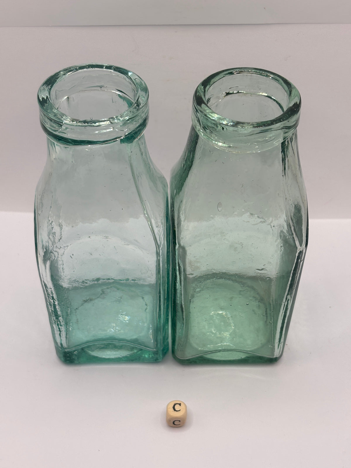 2 Old square aqua glass pickle jars (c)