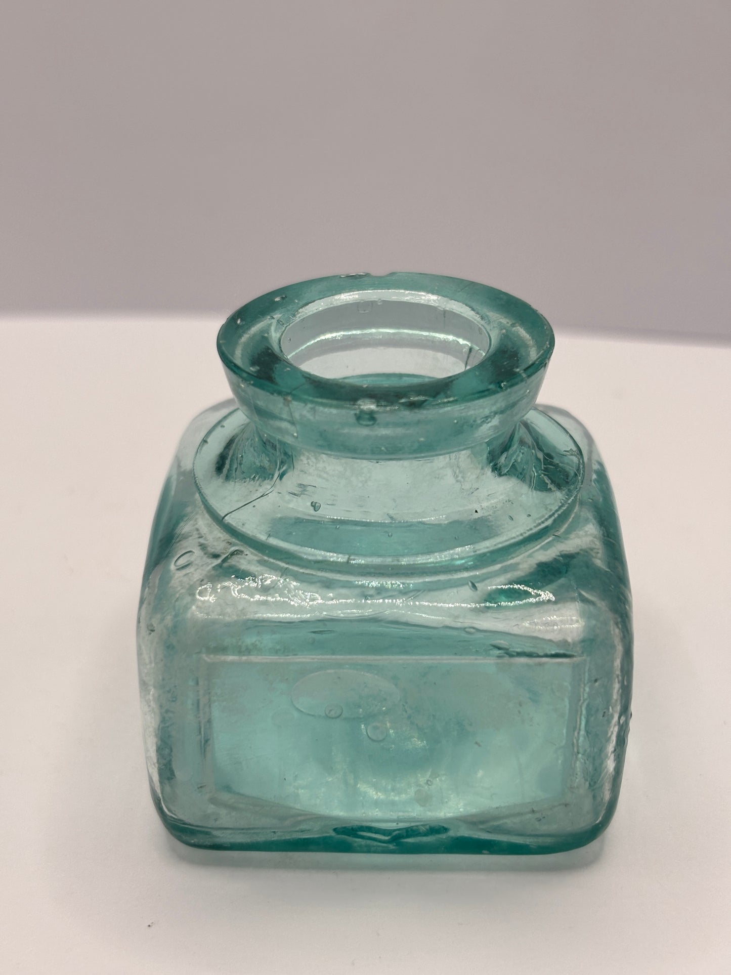 Old aqua glass ink bottle, inkwell. fields ink & gum