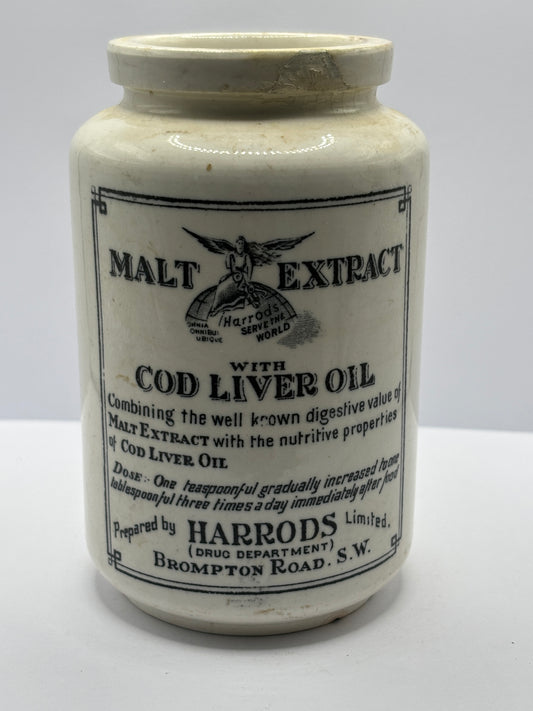 Old stoneware advertising malt extract jar. Repaired