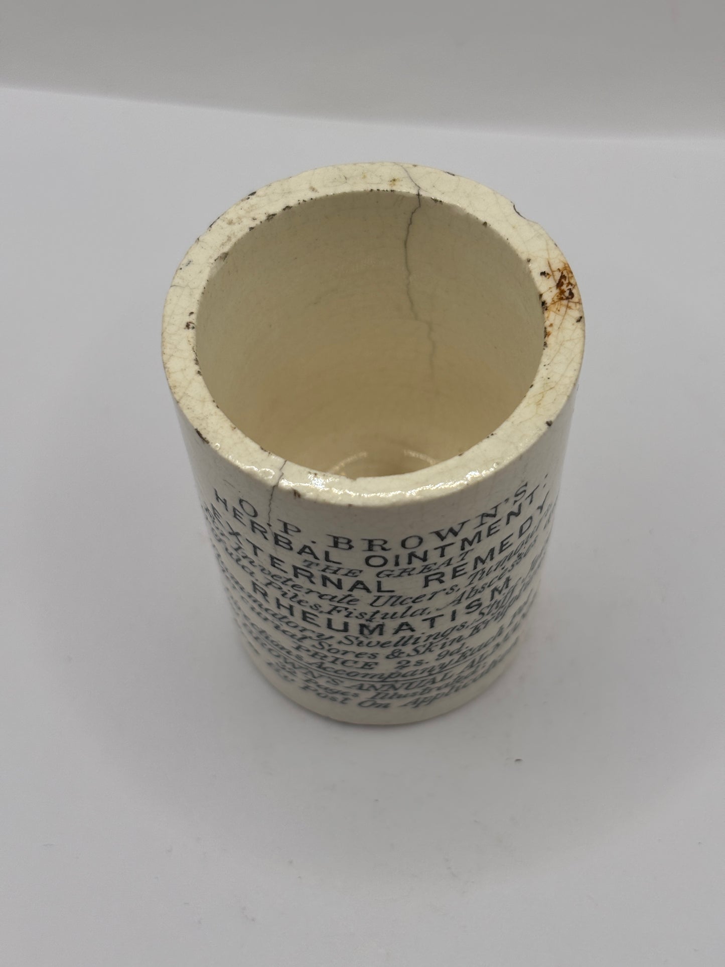 Old advertising ointment pot, OP Browns herbal ointment. The great external remedy