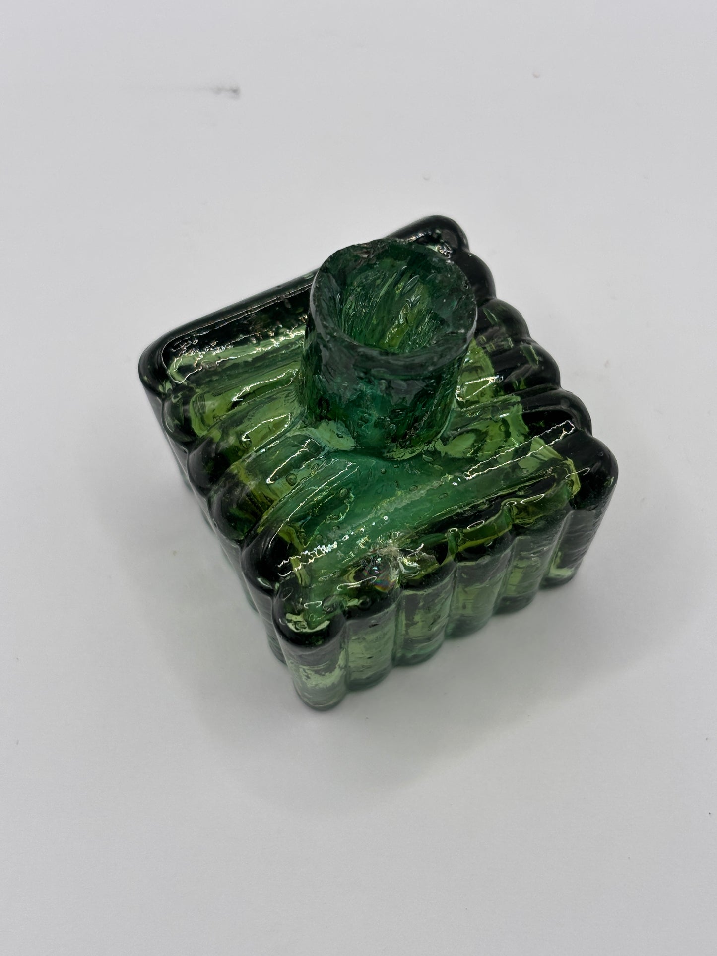Old green glass ribbed inkwell, ink bottle, penny ink