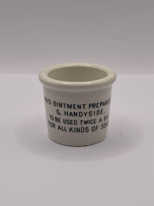 Old early advertising ointment pot, Handyside ointment