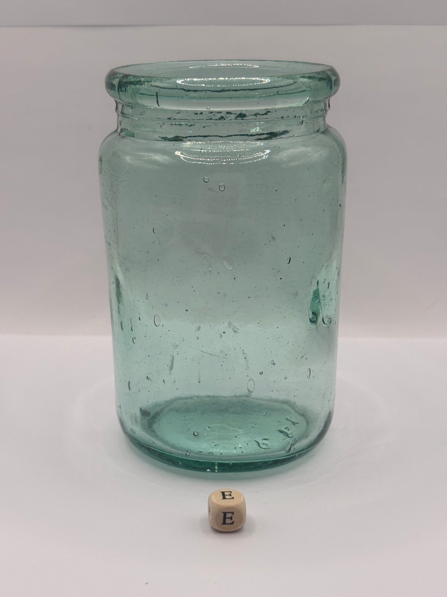 Old 1lb aqua glass pickle jar (e)