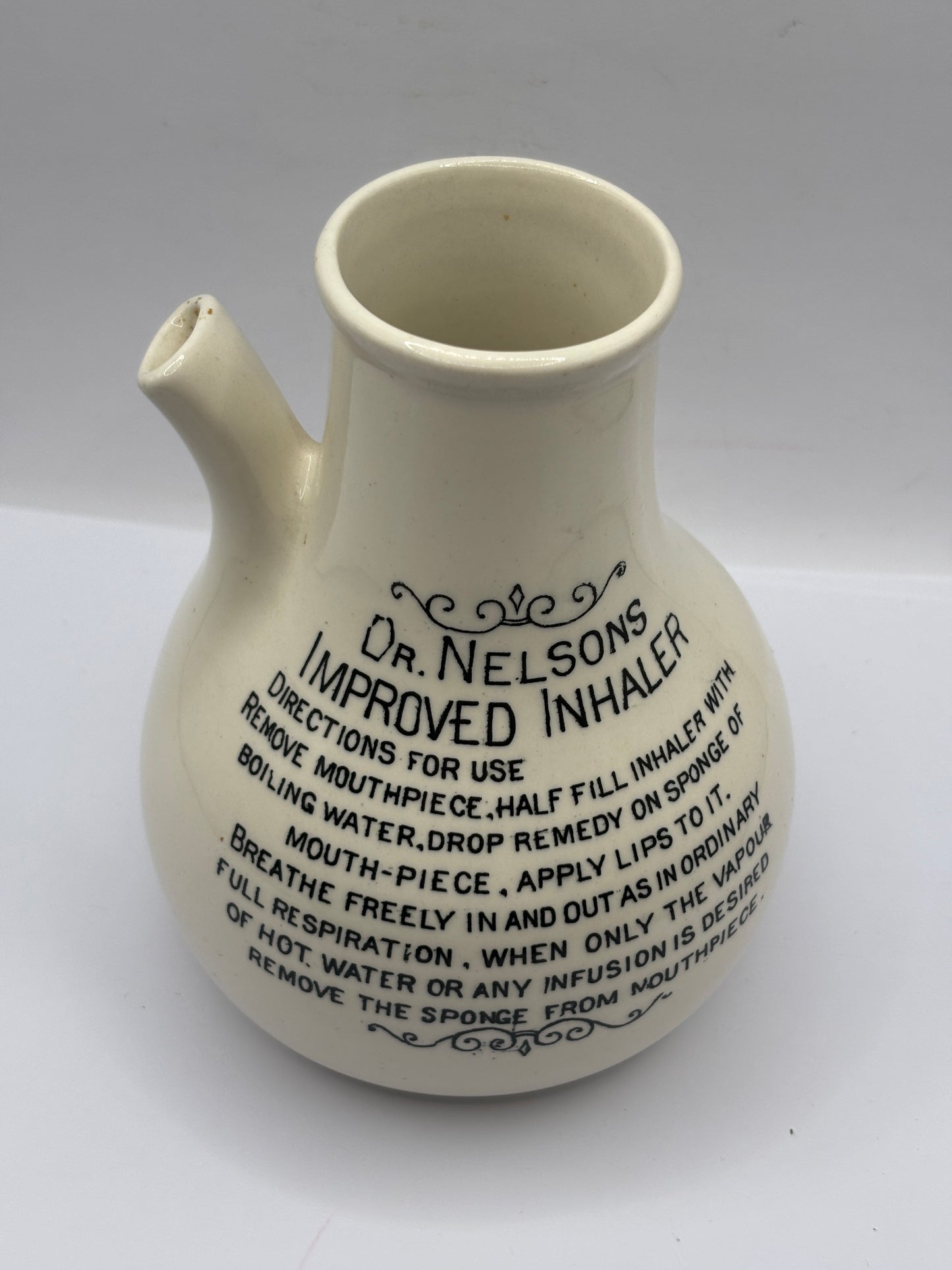 Old stoneware advertising inhaler, Dr Nelsons improved inhaler