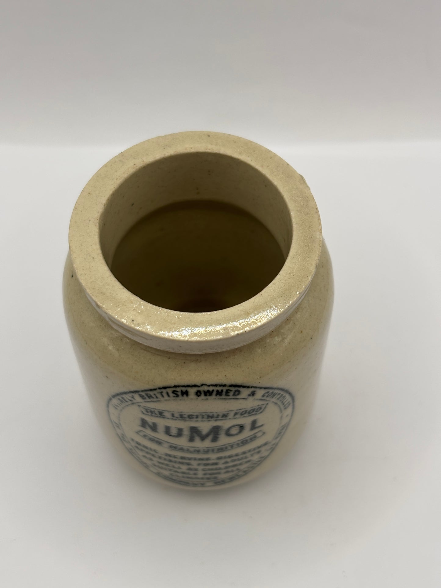 Old mini stoneware advertising Numol jar. The lecithin food for malnutrition 8cms