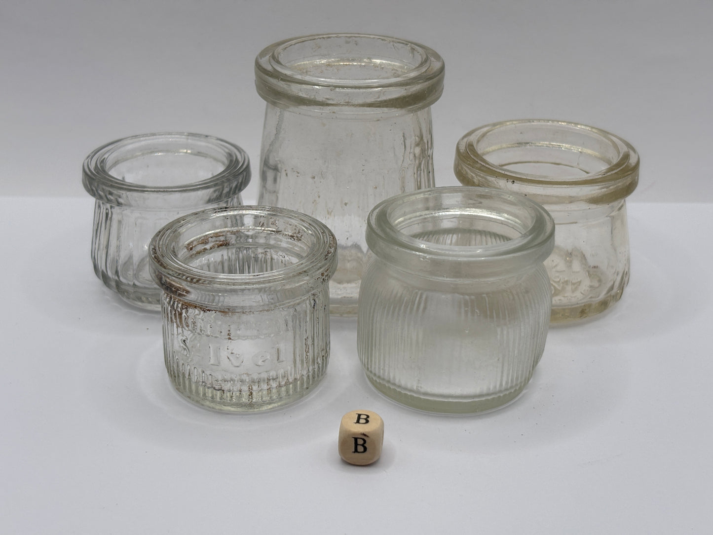 5 old clear glass meat paste jars (B)
