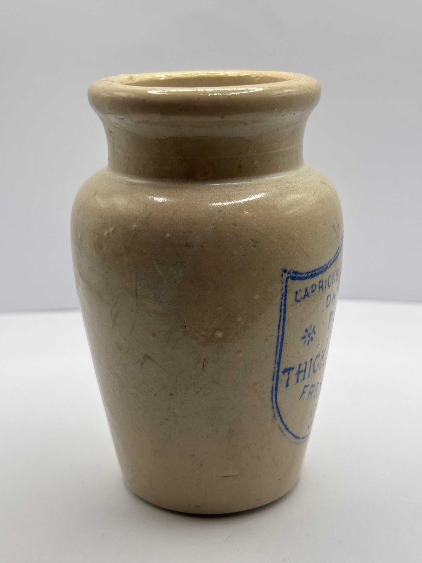 Old blue print advertising stoneware cream pot, Carricks cumberland dairy co, Pure thick cream