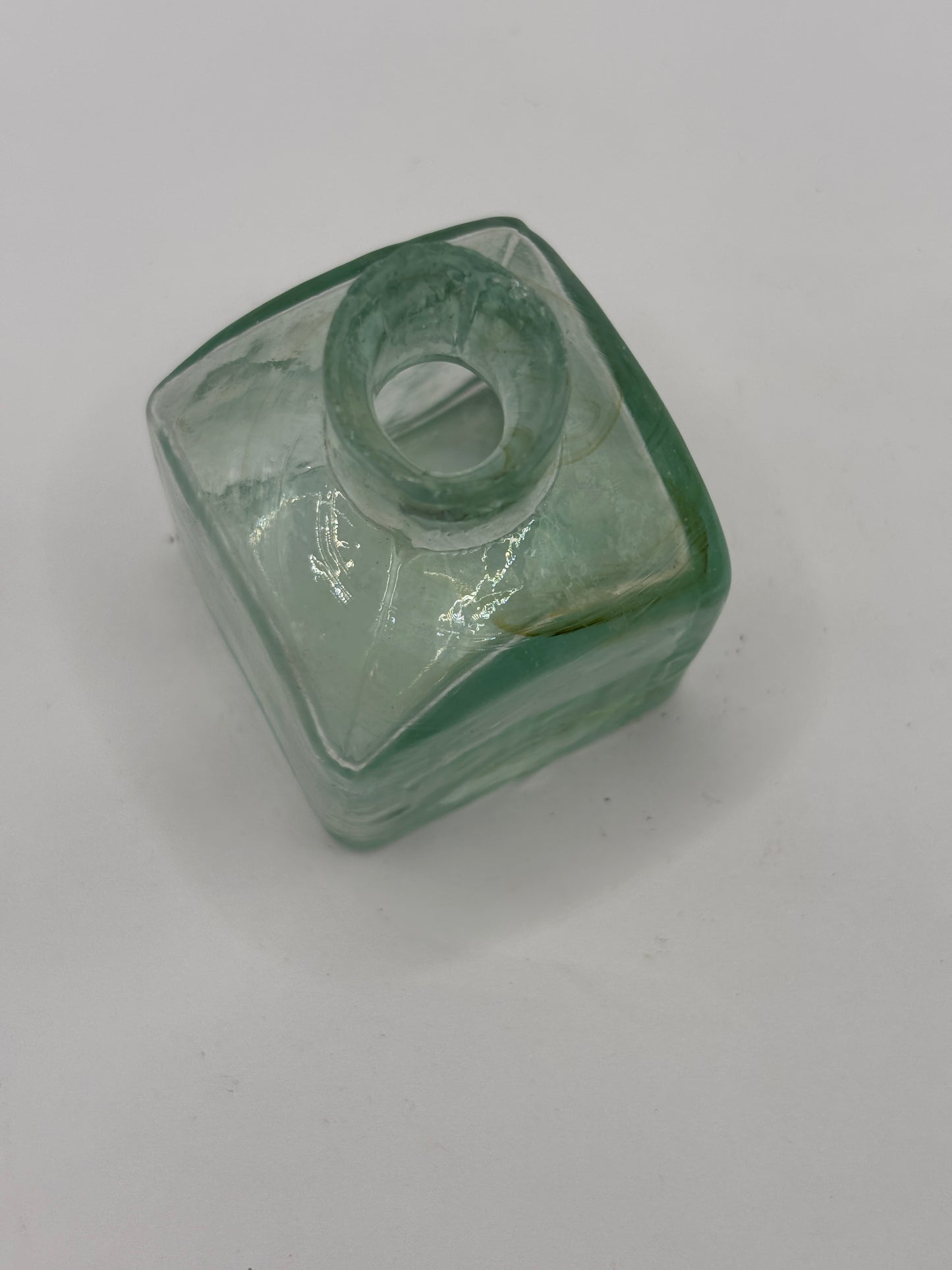 Old aqua glass advertising inkwell, ink bottle. Pridge ink