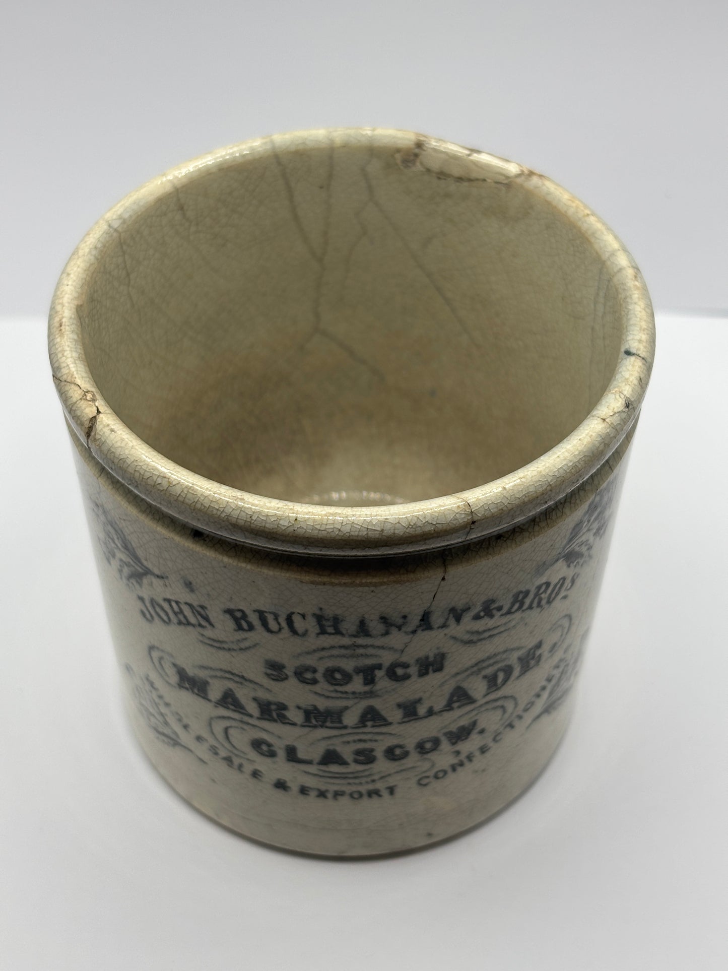 Rare old John Buchanan scotch marmalade jar. Preserve jar. Repaired, hairlined