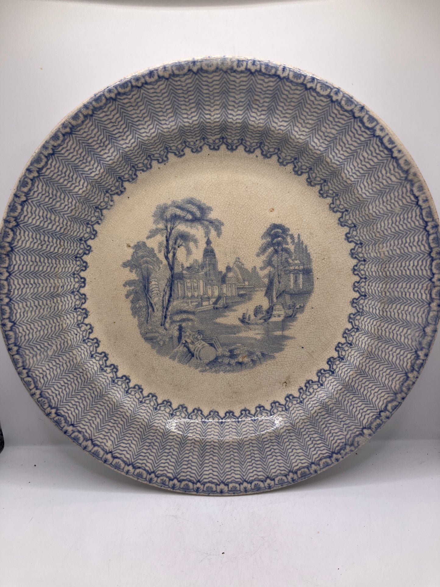 2 old blue and white plates, mid 1800s with diamond registration, stained & crazed