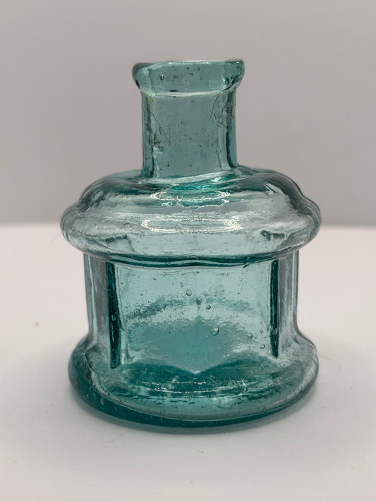 Old aqua glass ink bottle, inkwell