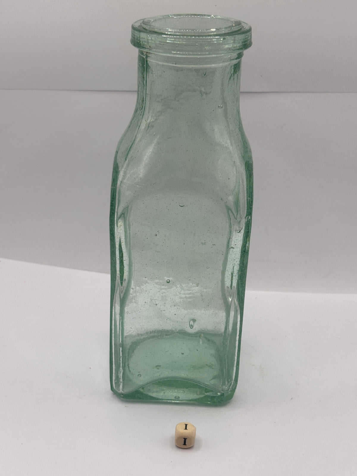 Old square aqua glass pickle jar (i) bubbly glass