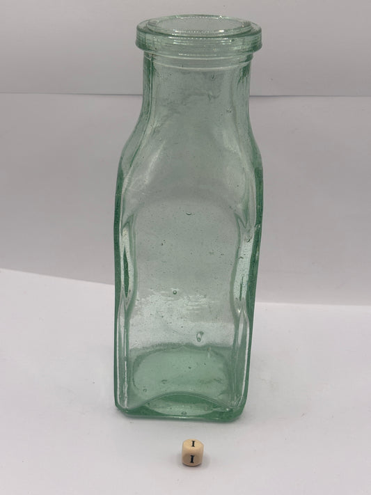 Old square aqua glass pickle jar (i) bubbly glass