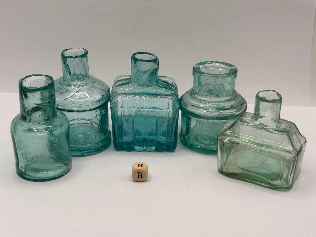 5 old aqua glass inks, inkwells, ink bottles, penny ink (B)