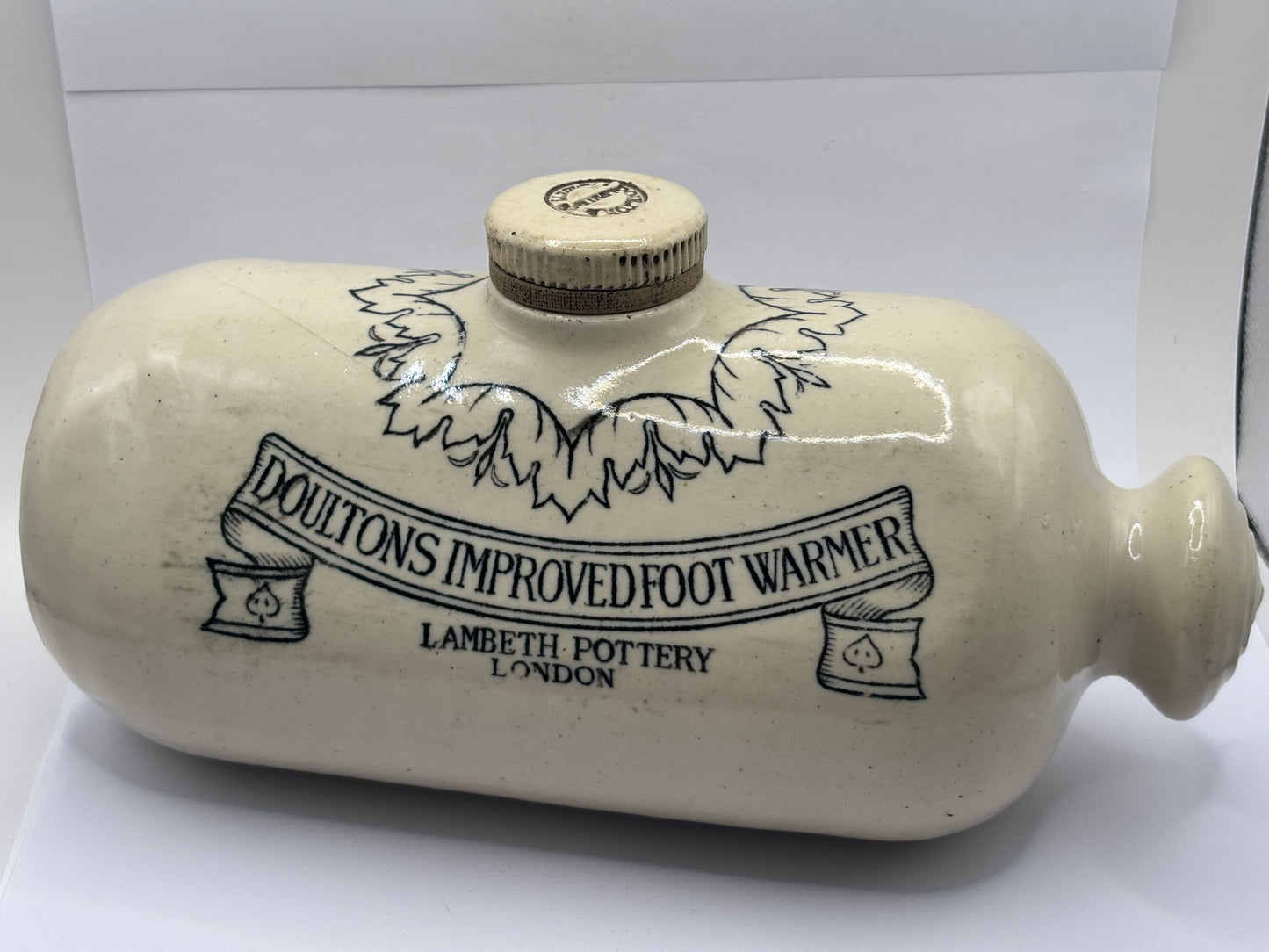 Old stoneware bed warmer/ foot warmer. Doultons improved foot warmer