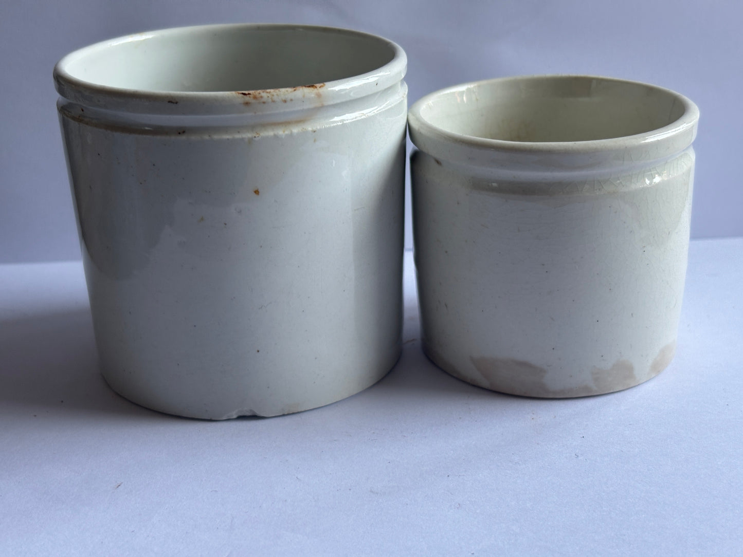 2 old ironstone pots, stained & crazed