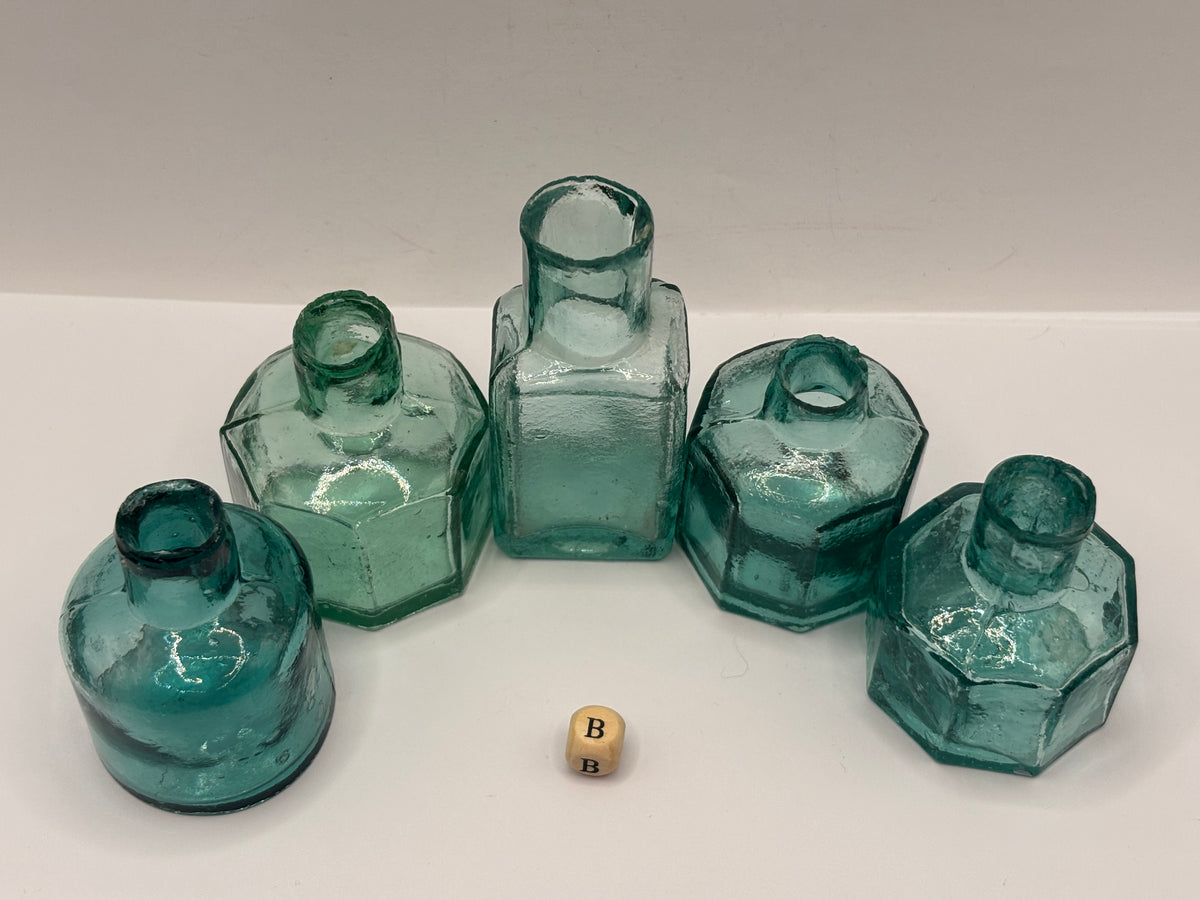 5 old dark aqua glass inks, inkwells, ink bottles, penny ink (B)