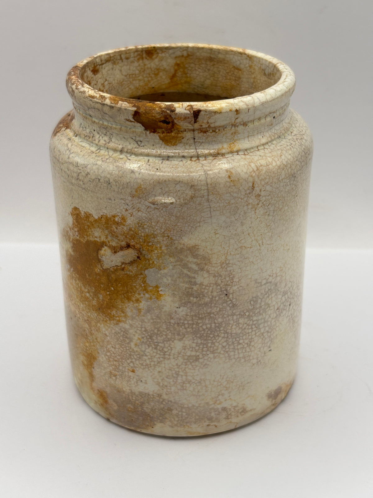 Old 1lb rolled top stoneware jam pot stained & crazed
