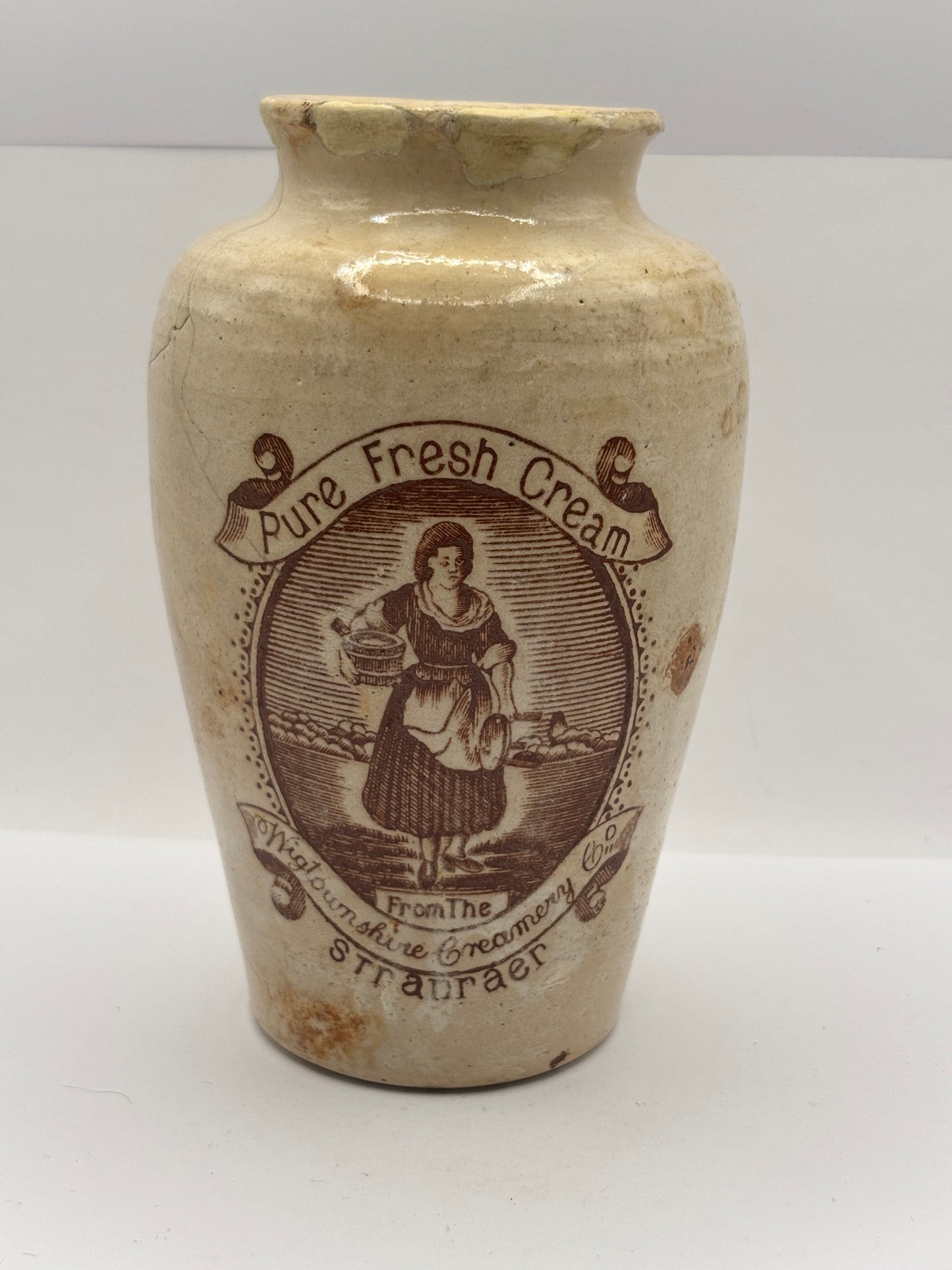 Old tall serpia print stoneware advertising cream pot, pure fresh cream Stranraer. Repaired & Damaged