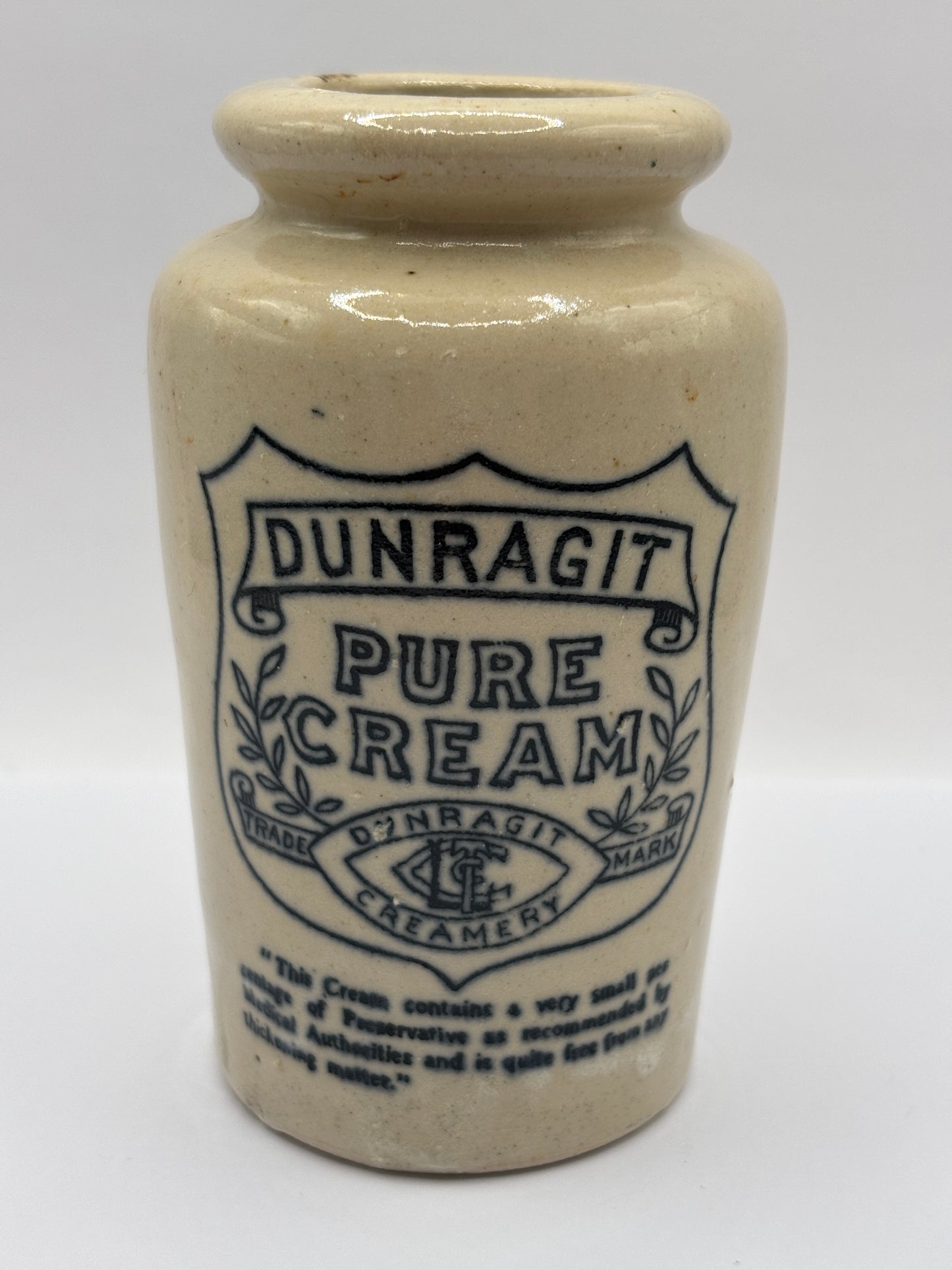 Old advertising cream pot, Dunragit preserved cream
