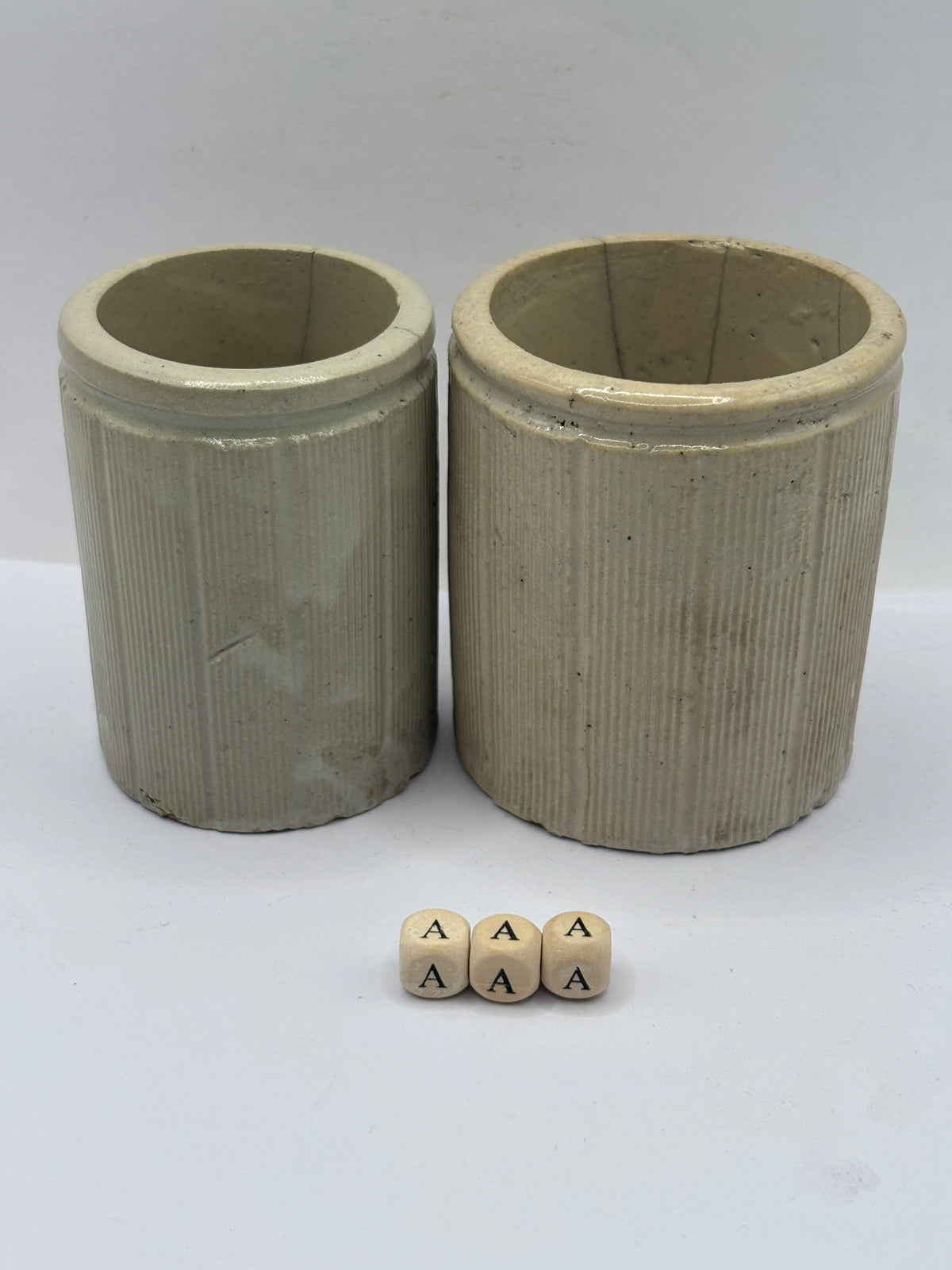 2 Old small ribbed stoneware jam pots (aaa) Hairlines