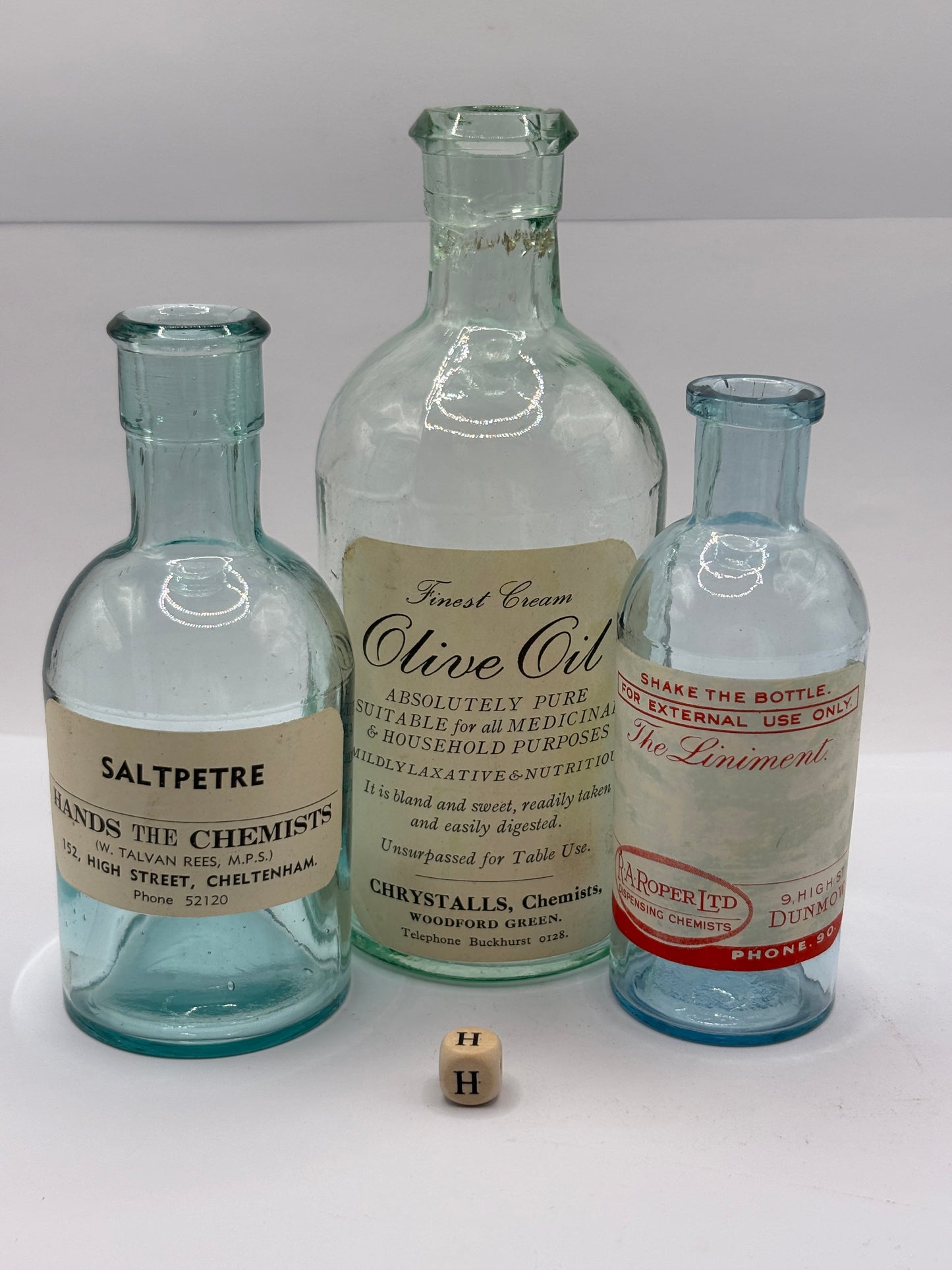 3 old chemist bottles with added labels (H)