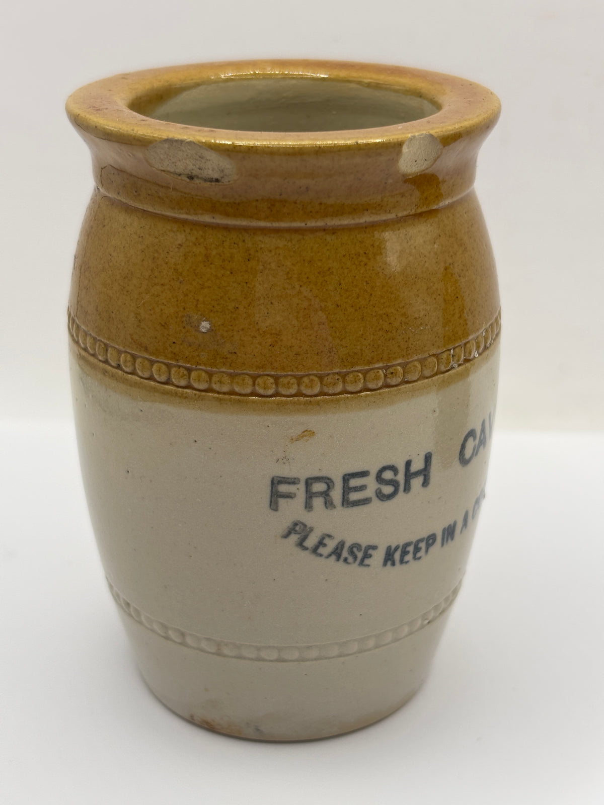 Old stoneware advertising jar, Fresh Caviare