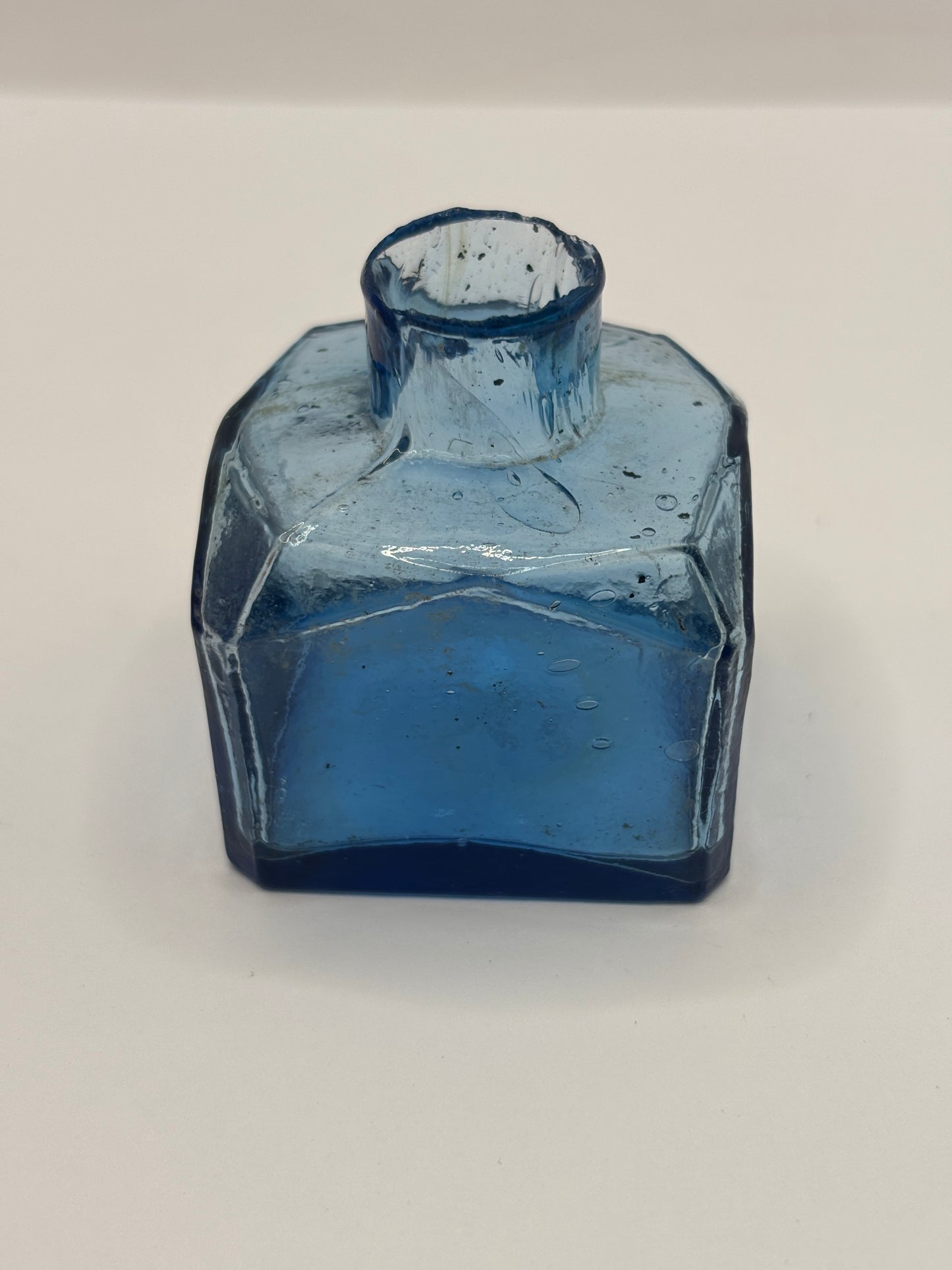 Old blue glass inkwell, ink bottle, penny ink