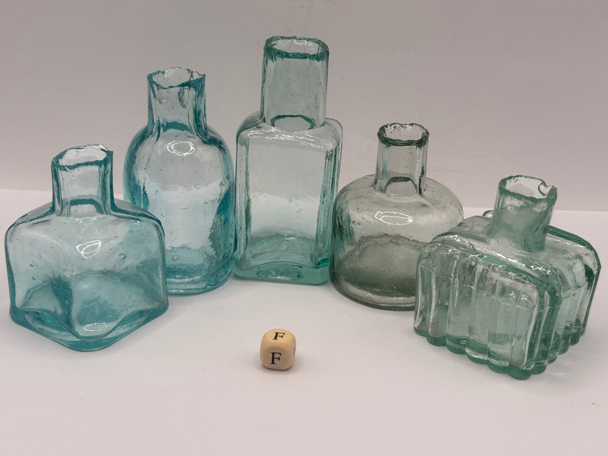 5 old aqua glass inks, inkwells, ink bottles, penny ink (f)