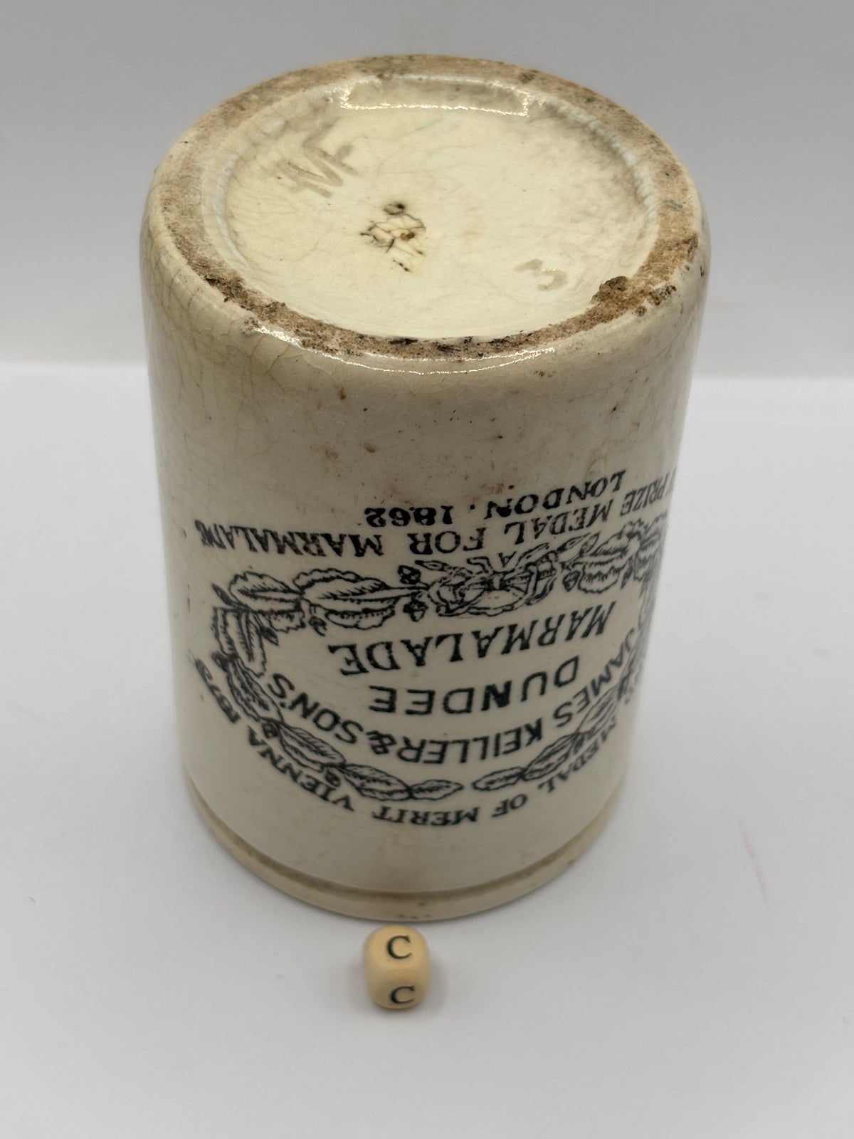 Old 1lb stoneware marmalade pot, James Keiller Dundee marmalade (c)