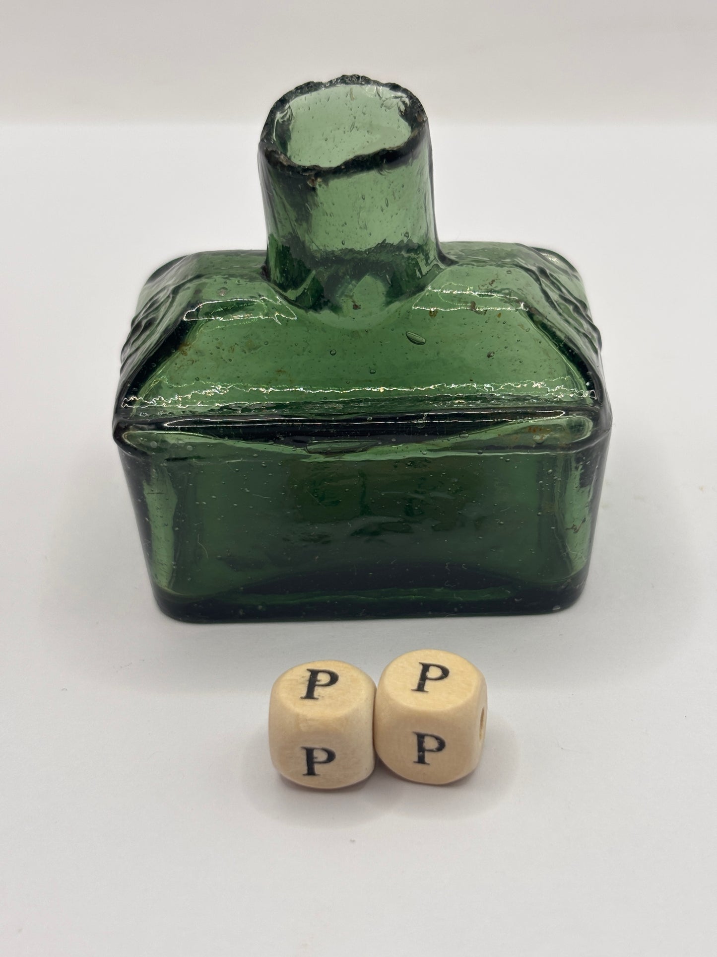 Old green glass boat ink, inkwell. Morrells (PP)