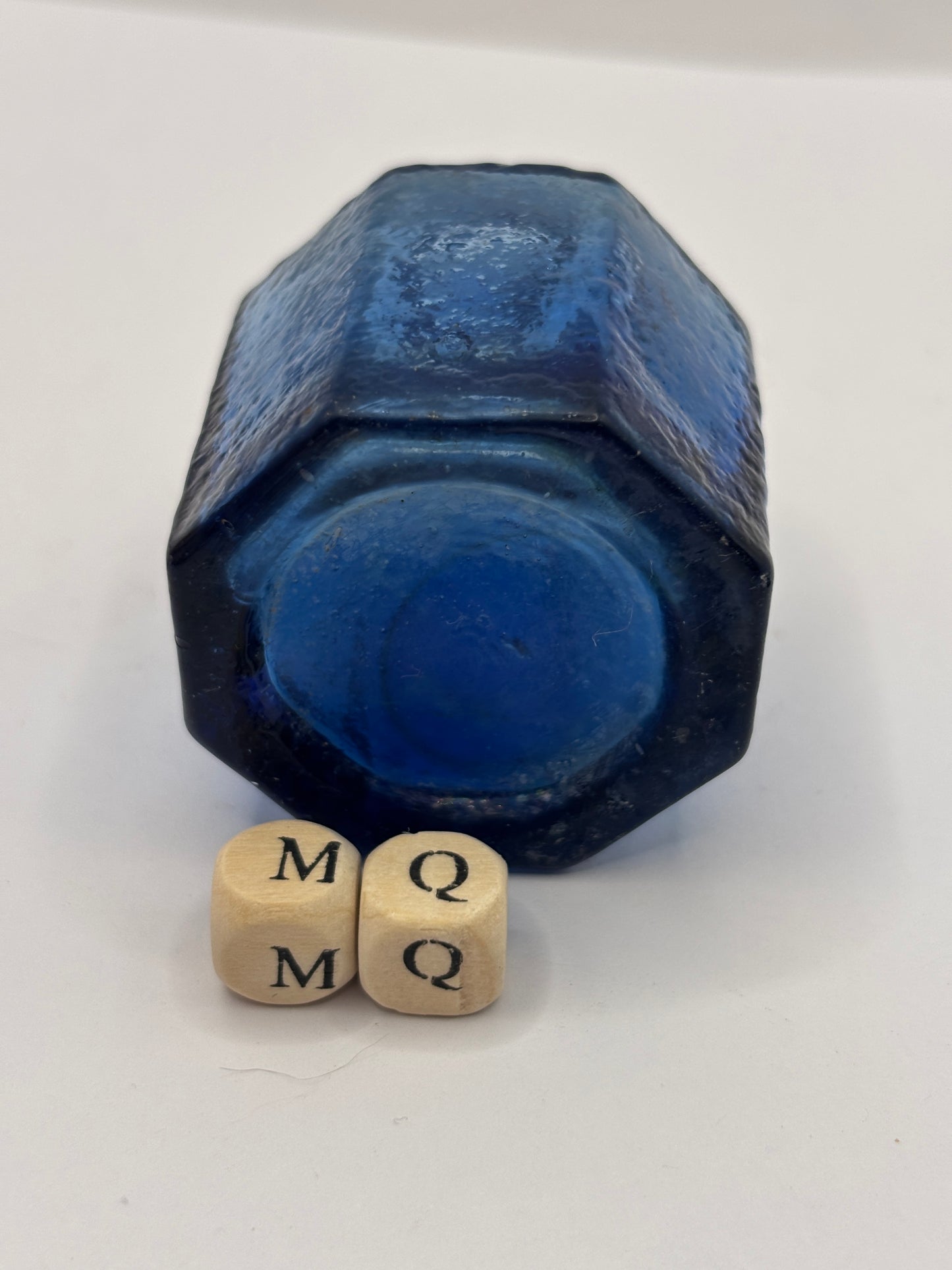 Old blue glass ink bottle, inkwell, penny ink (MQ)
