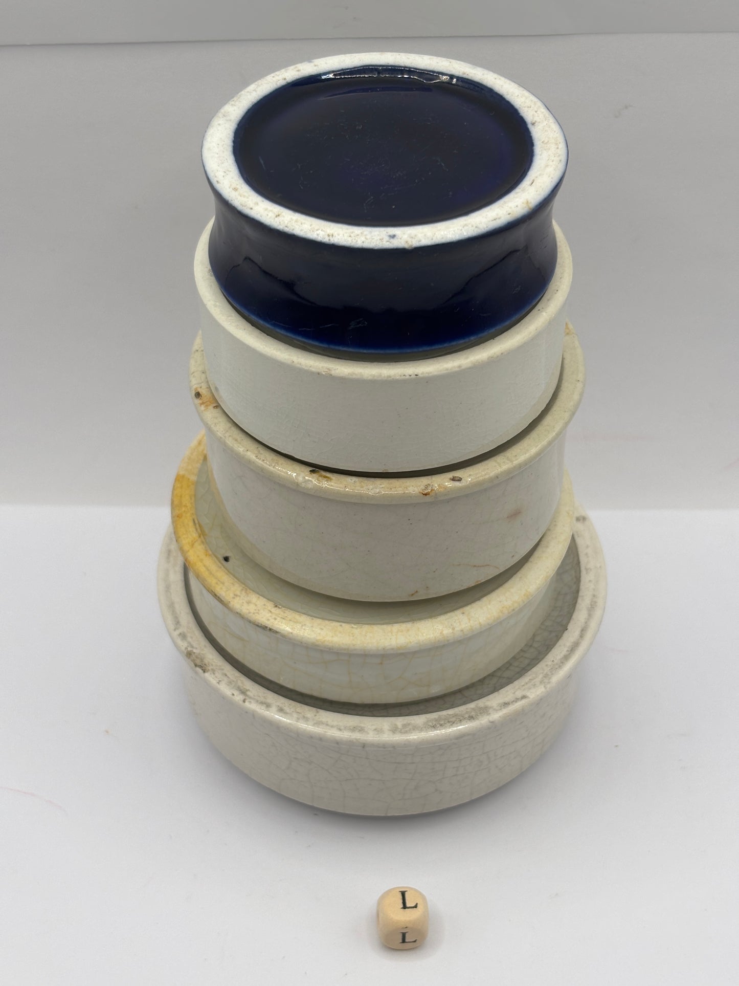 5 old stoneware bases, stackers (L) damages