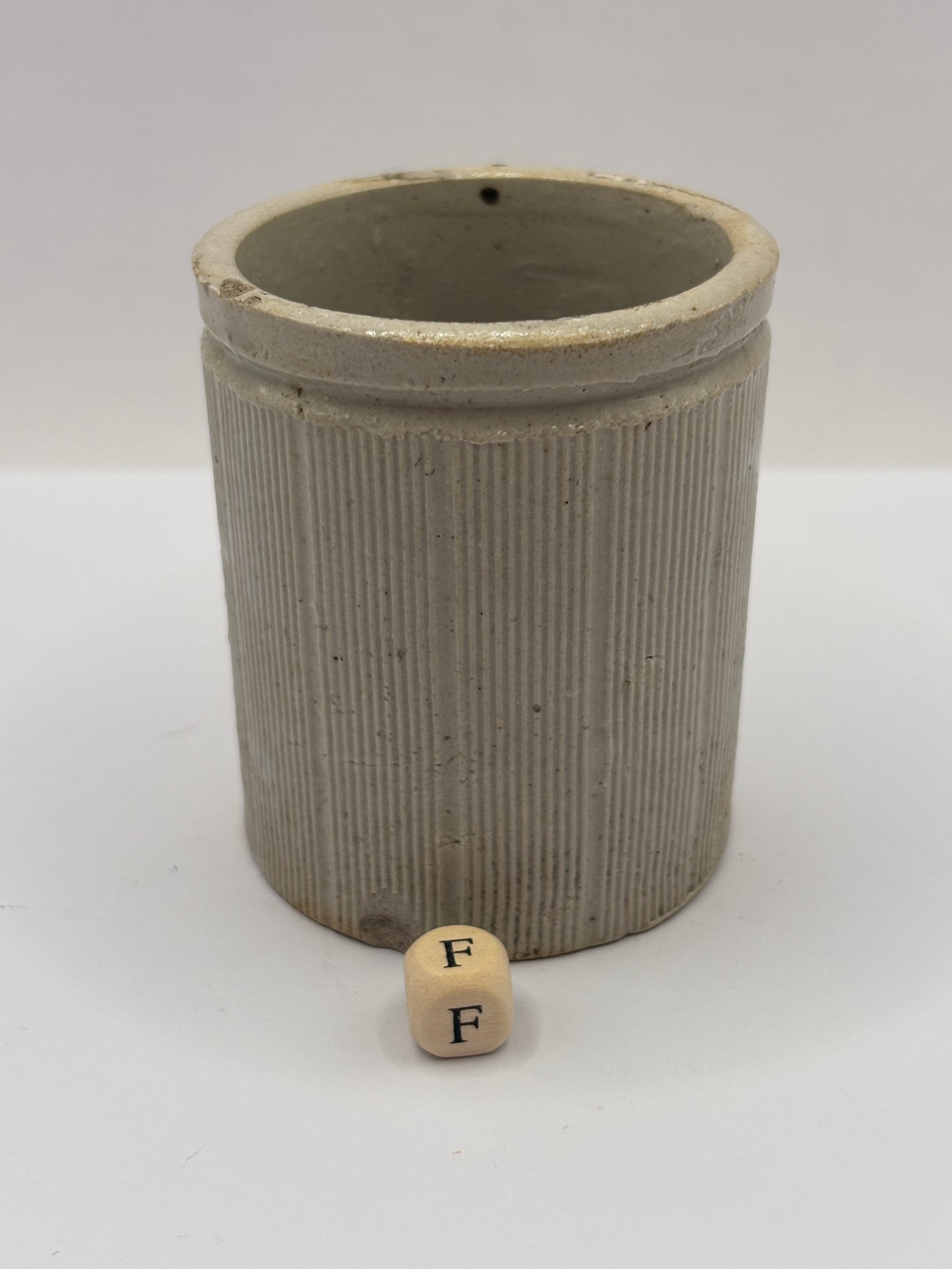 Old mini ribbed stoneware jam pot (f)