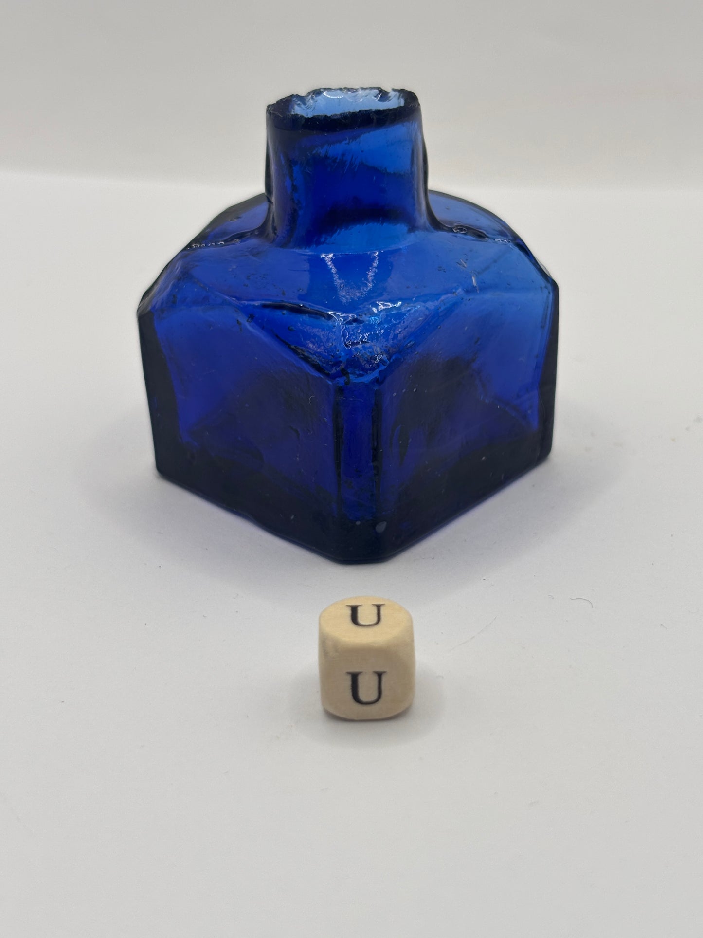 Old cobalt blue glass ink bottle, inkwell (u)