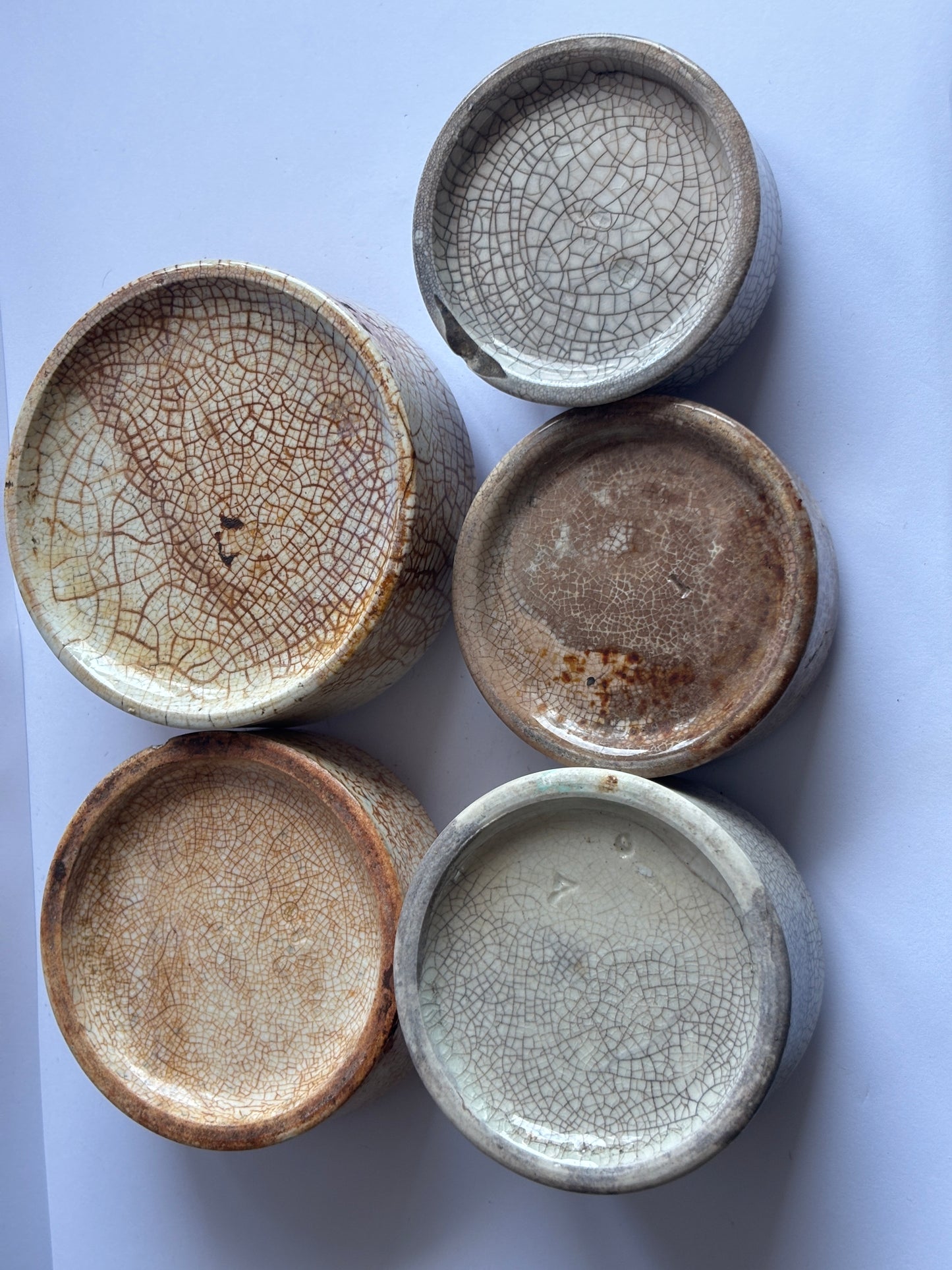 5 old pot lid bases, stackers, risers