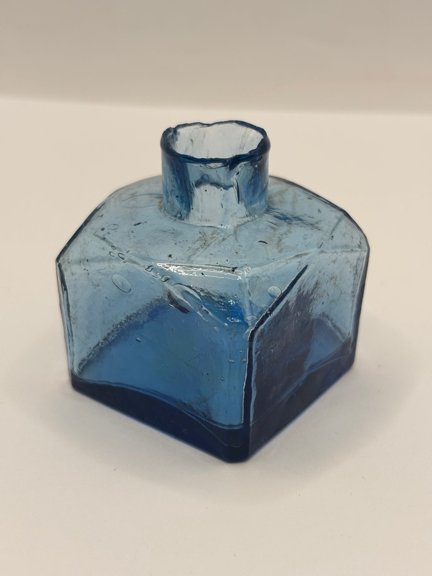 Old blue glass inkwell, ink bottle, penny ink