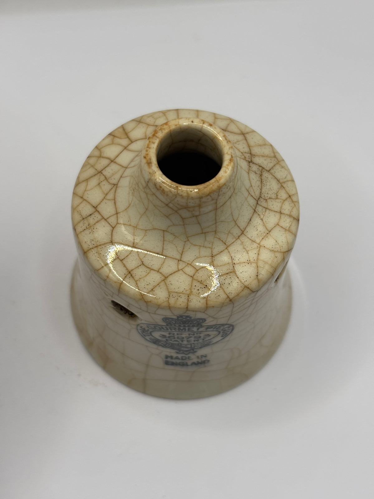Old stoneware pie funnel, The Gourmet pie cup