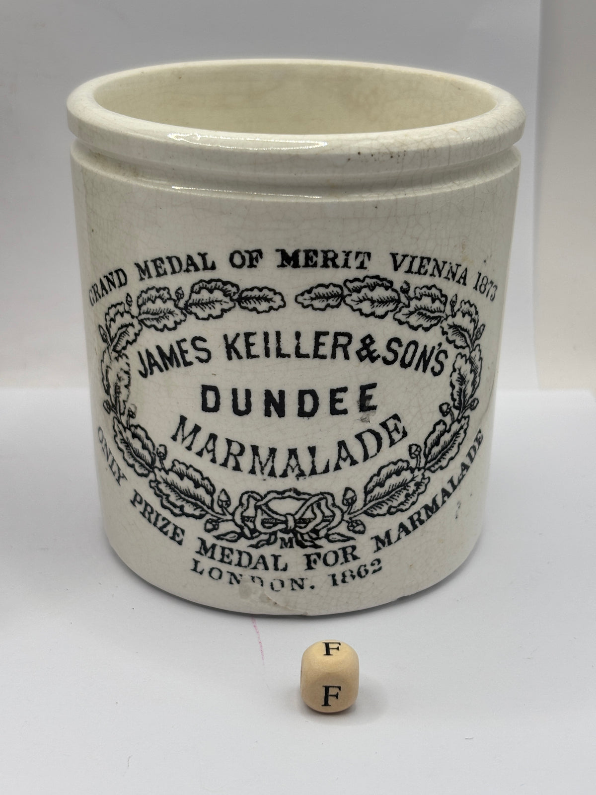 Old 1lb stoneware marmalade pot, James Keiller Dundee marmalade (F)