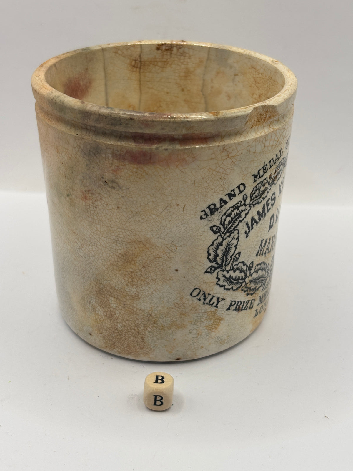 Old 1lb stoneware marmalade pot, James Keiller Dundee marmalade (B) damaged