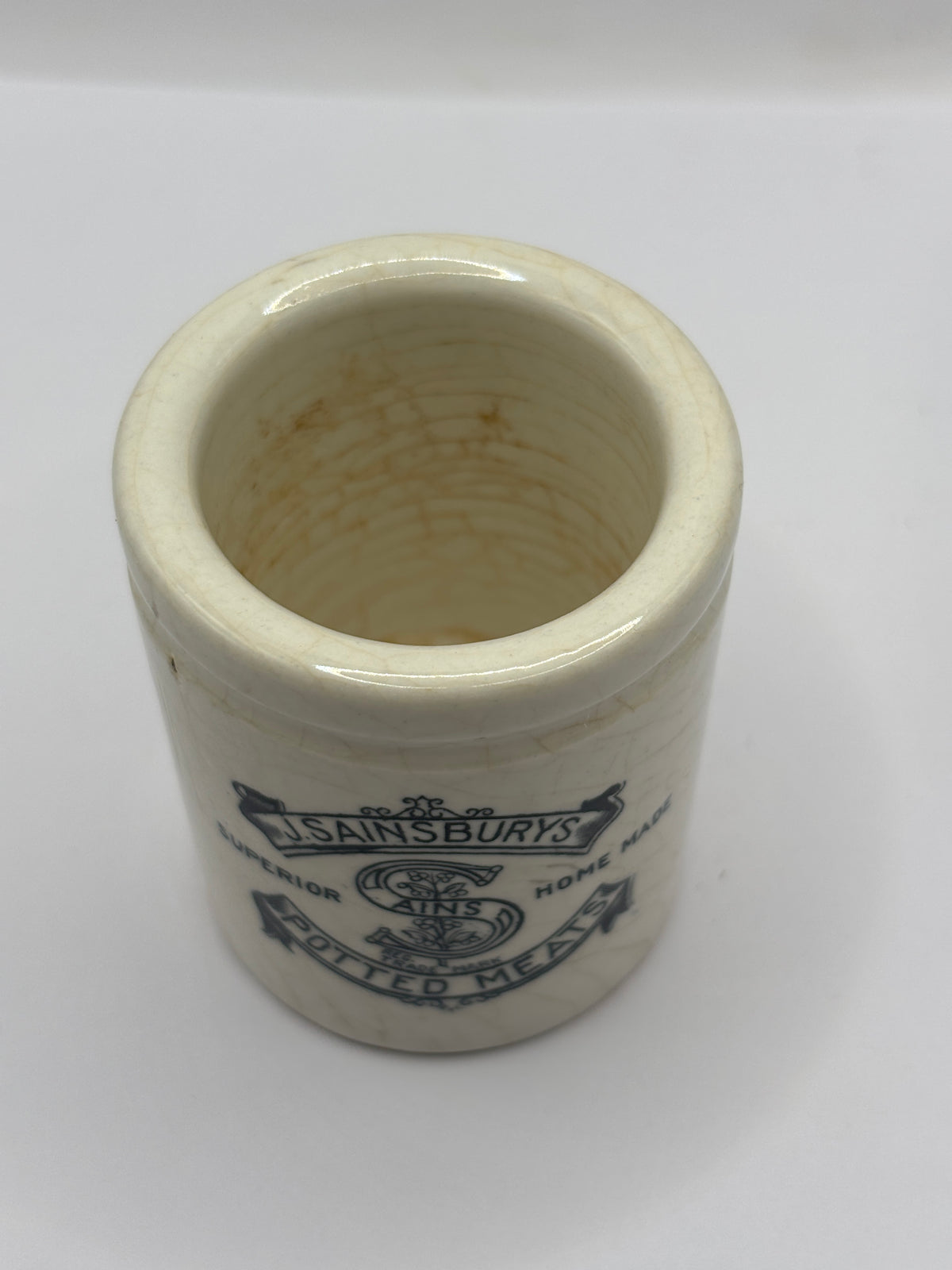 Old stoneware advertising jar, Sainsburys potted meat