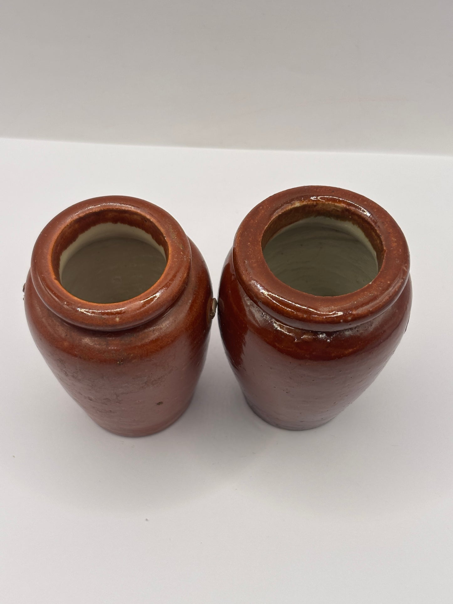 2 old small brown stoneware cream pots