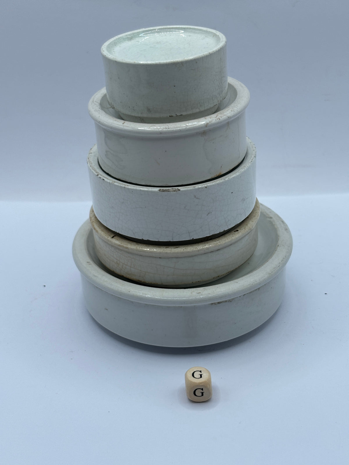 5 old stoneware pot lid bases, stackers (G)